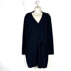 Atlantique Womens Size L Button Up Cardigan Sweater‎ Wool Longline Belted Black